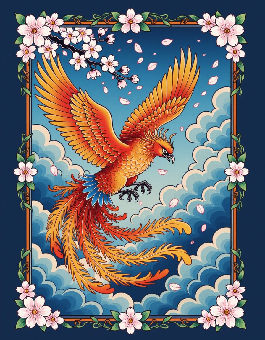 Japanese Phoenix Tattoo Design in Sumi-E Style