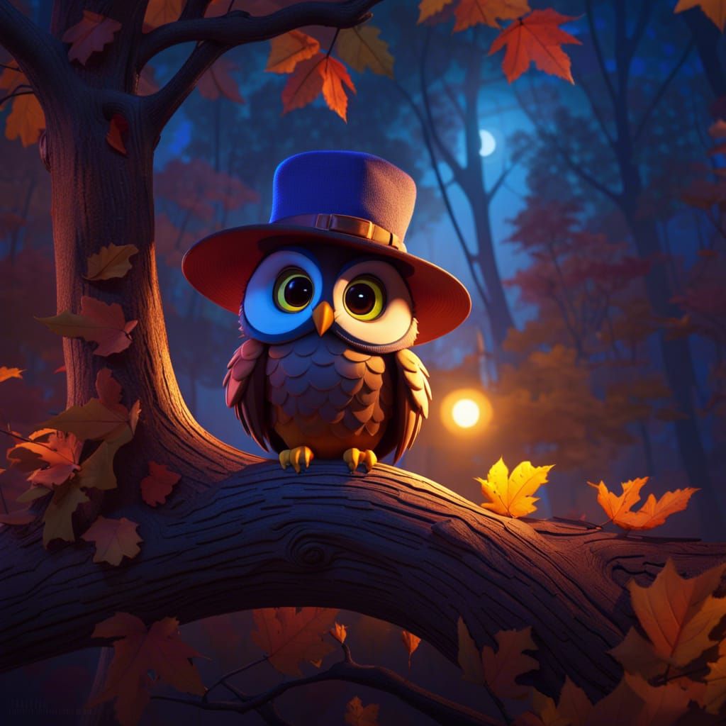 Owl in a Hat in Woods: 3D Digital Art