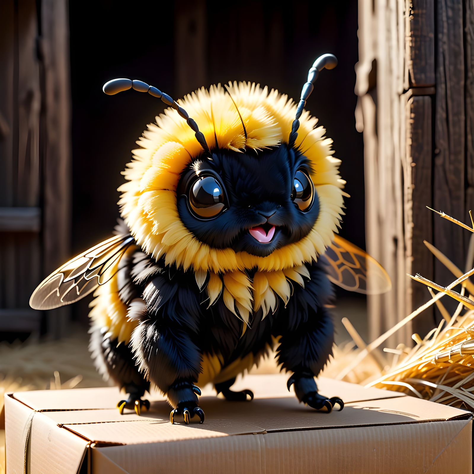 Crisp Giant Bumblebee Hatchling Peeks Out of Straw Box