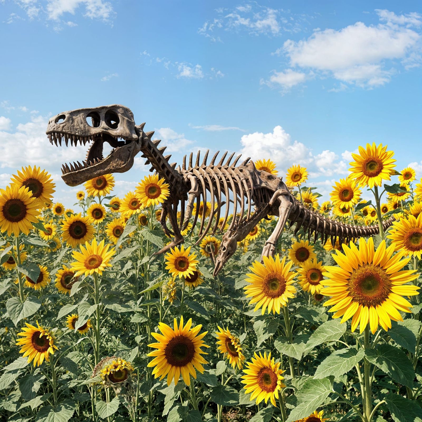 Dinosaur Skeleton in a Sunflower Field