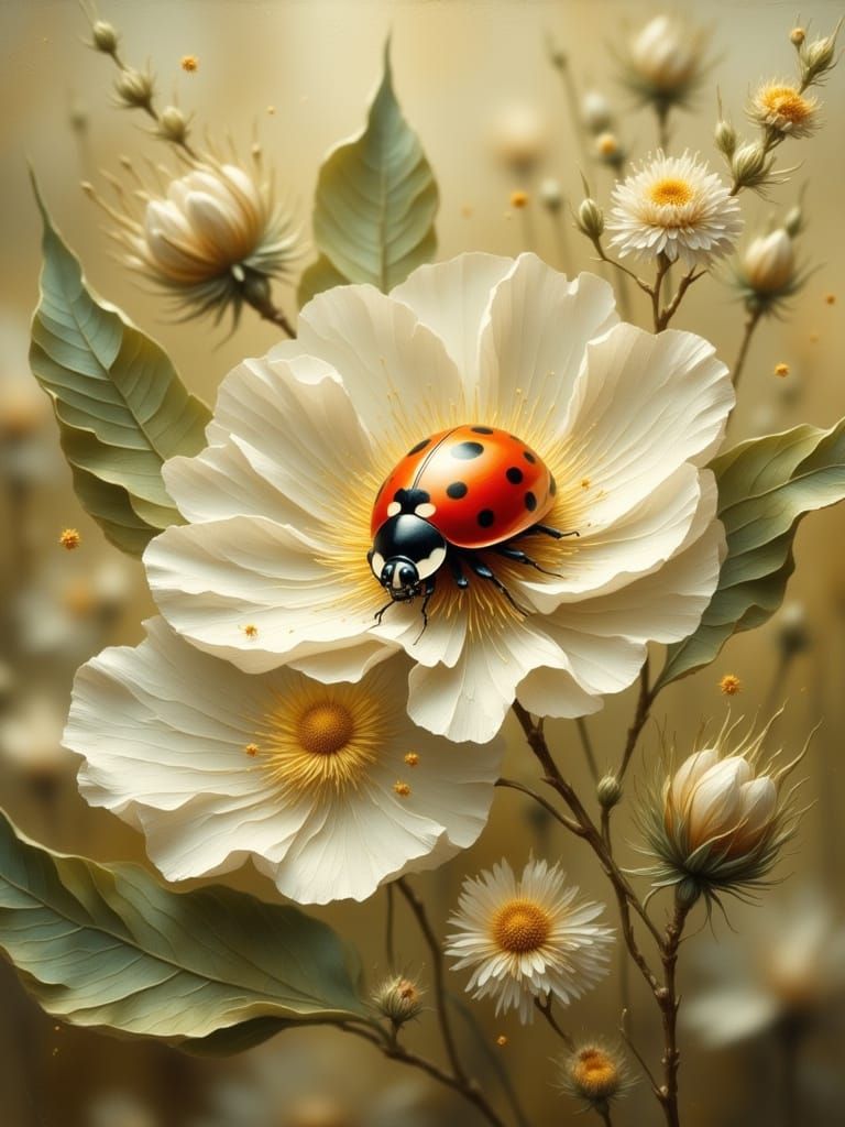 Ladybug on Leaf in Antique Watercolor Style