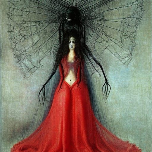 Surreal Velvet Widow Queen With Spiders