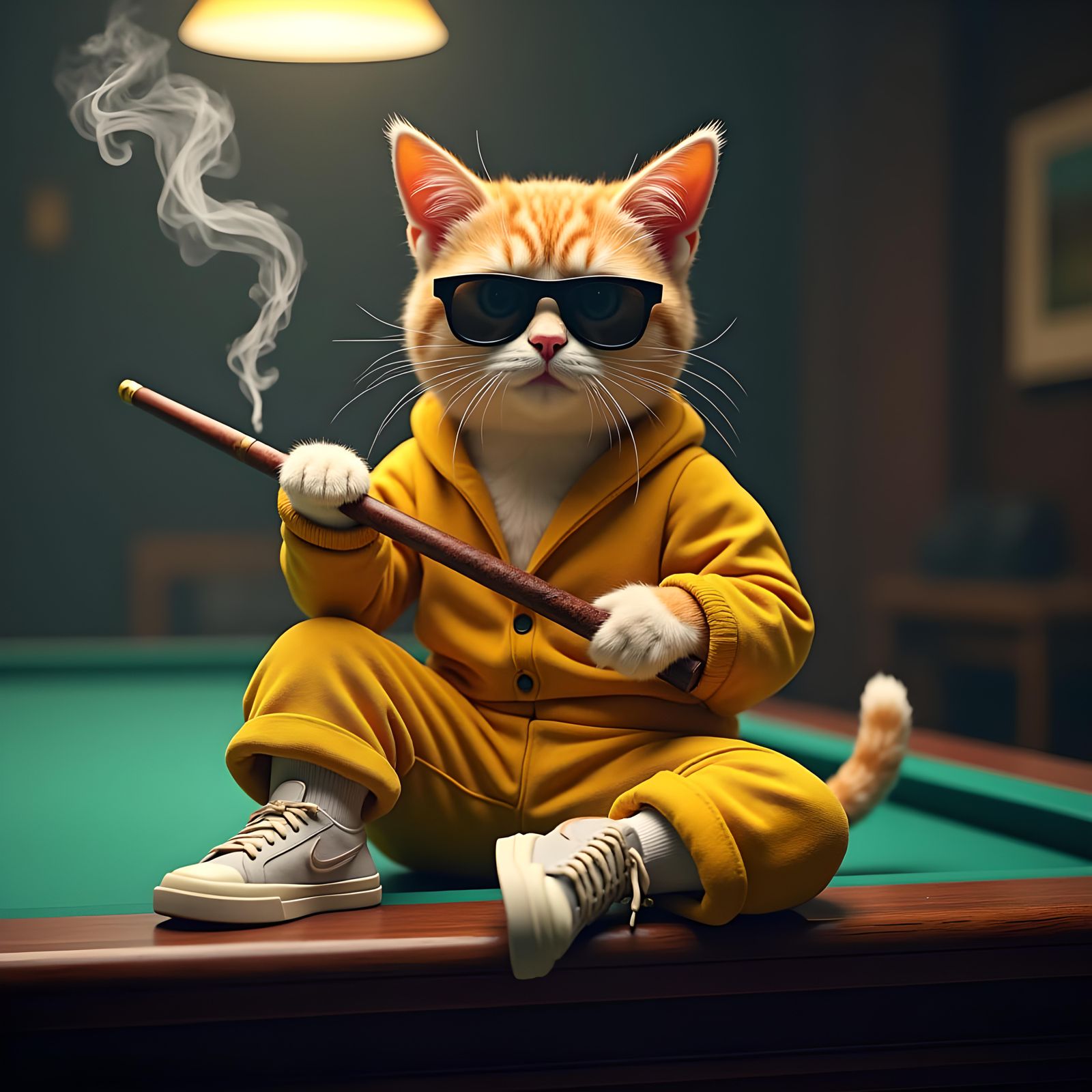 Anthropomorphic Cat Smoking in a Pool Room