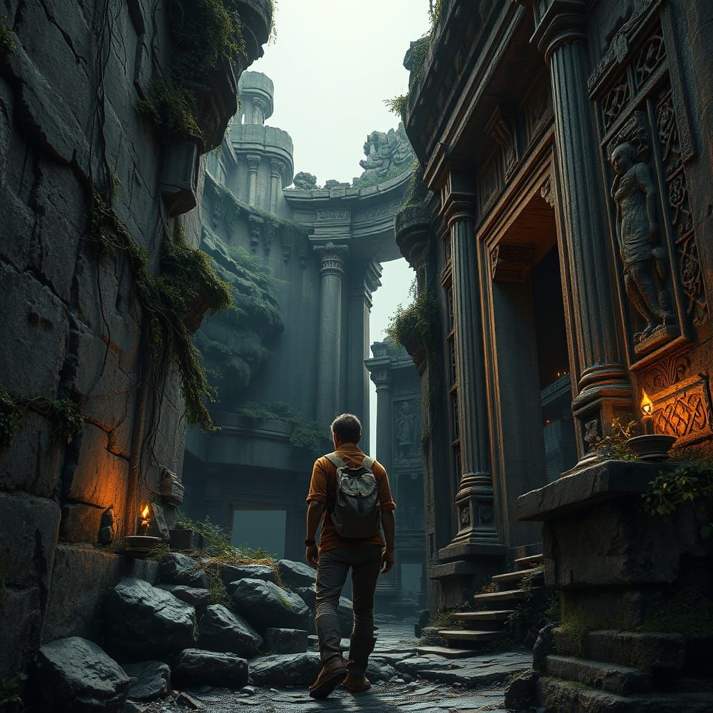 Traveler at Edge of Ancient Temple Ruins