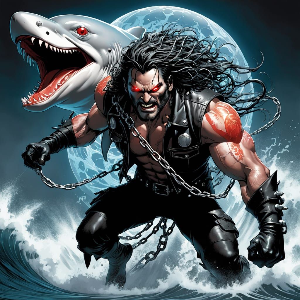 Lobo on an Iridescent Dolphin, Riding Stormy Waves