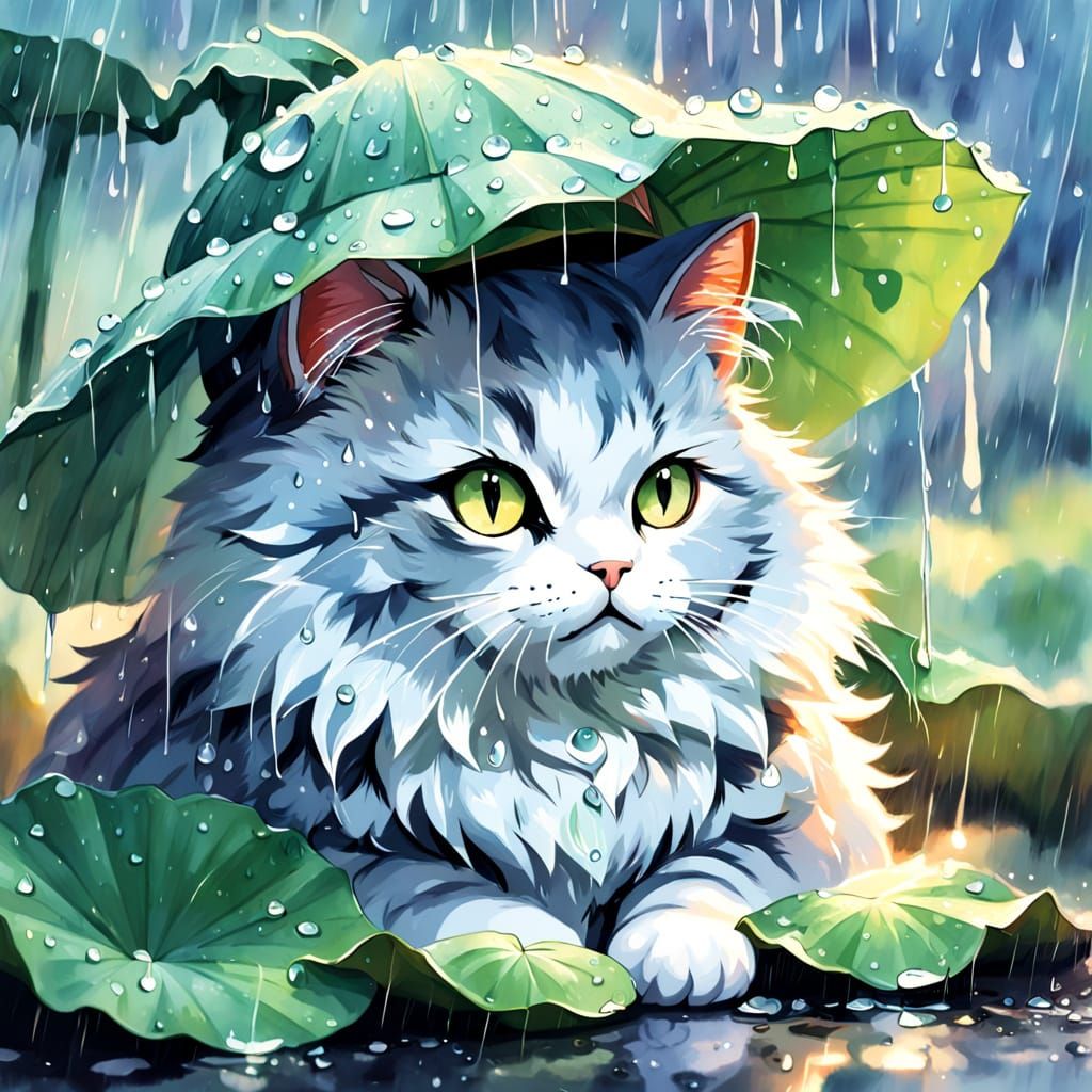Fluffy Cat in Rain with Lotus Hat, Watercolor Style