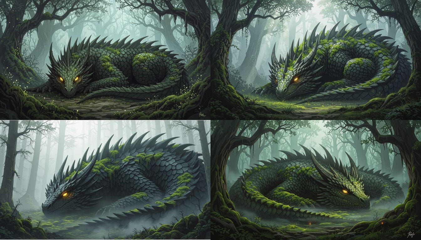 Slumbering Dragon with One Open Eye in Foggy Forest