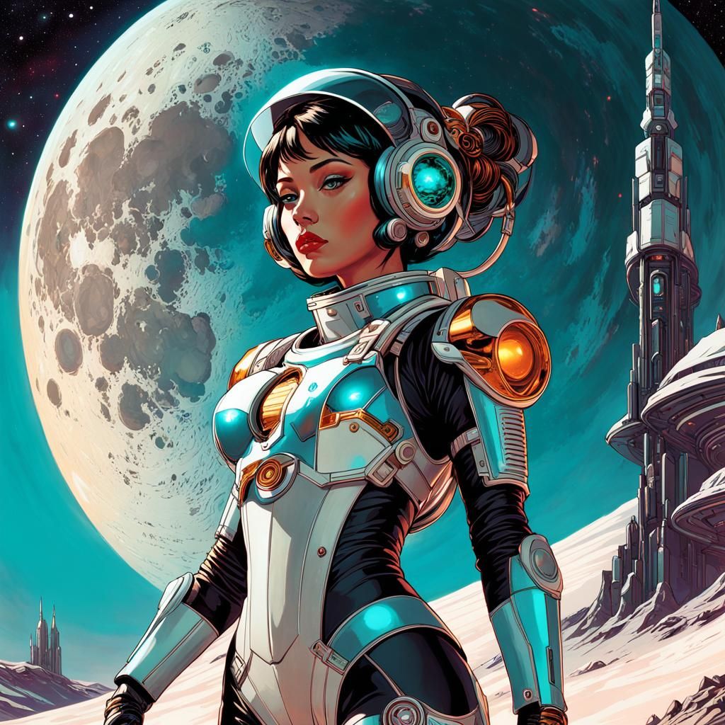 Spacegirl on Moon in Exosuit: Art Nouveau Style