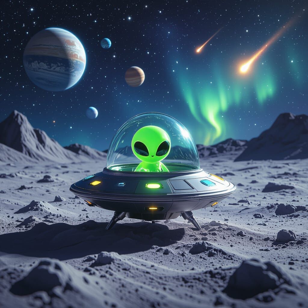 Miniature Alien Spaceship on Moon in Hyperrealistic Style