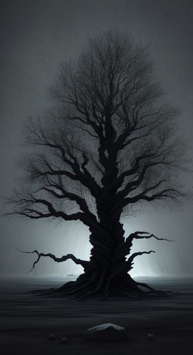 Mysterious Obsidian Tree in the Darkness