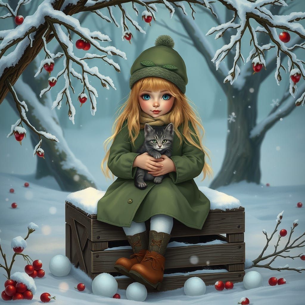 Girl with Blonde Hair and Grey Kitten in Snowy Landscape