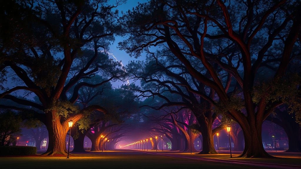 Dark Fantasy Live Oak Trees in New Orleans Lightning Storm M...
