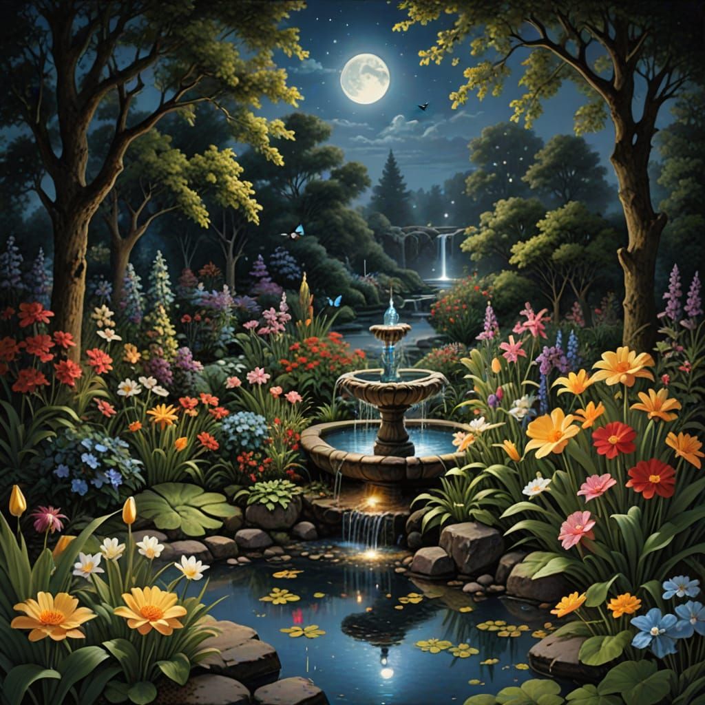 A serene, moonlit garden filled with glowing flowers and shi...