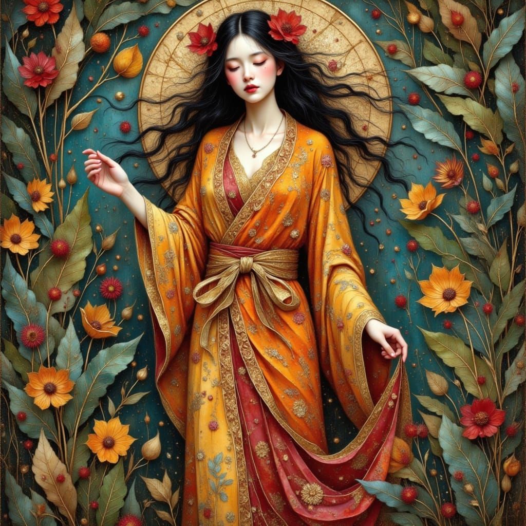 Nature Goddess in Klimt Style with Teal and Gold