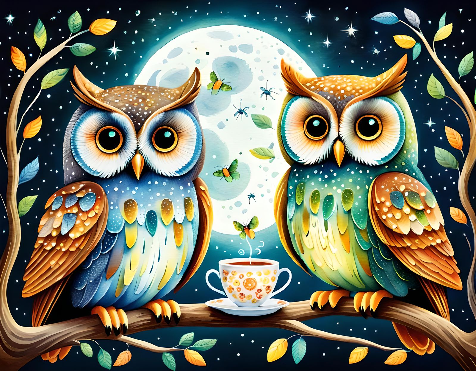 Moonlit Owl Family Tea Party: Dreamlike Illustration