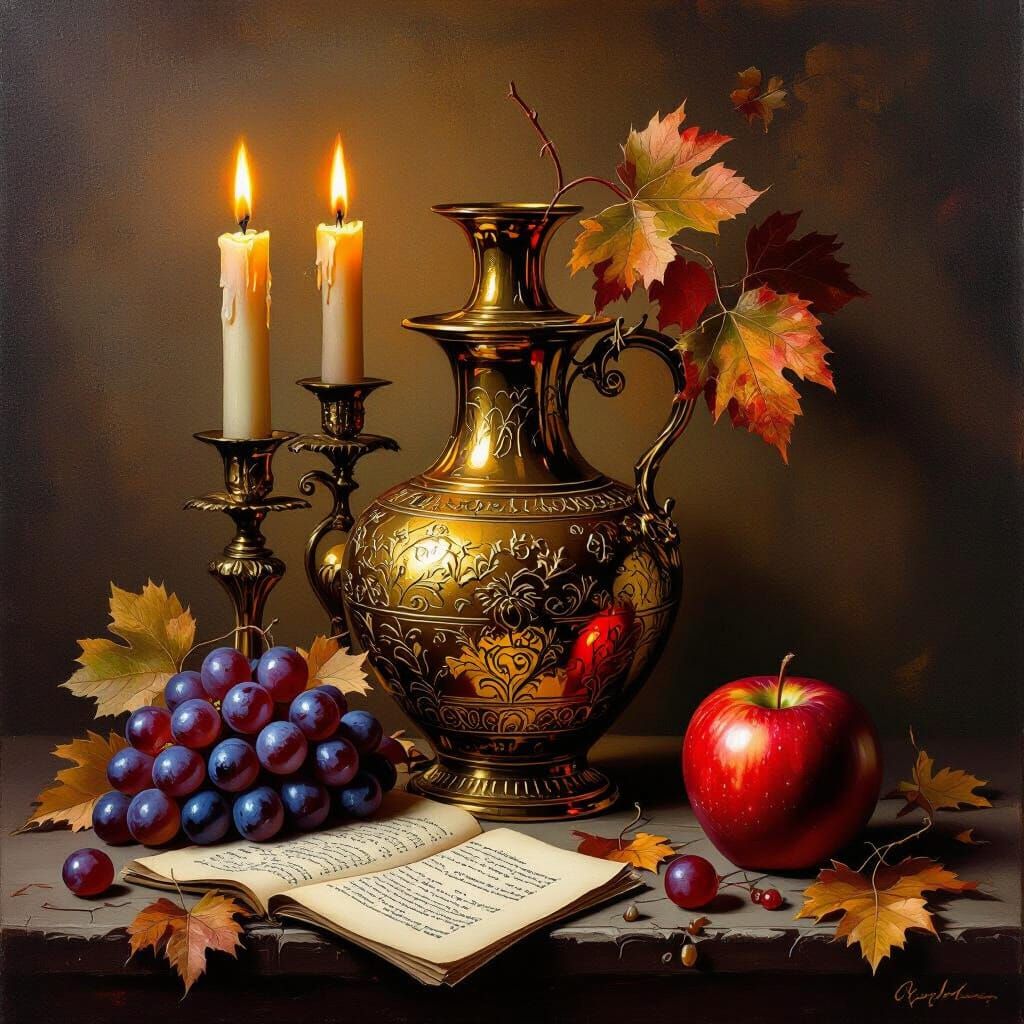 Baroque Still Life: Golden Vase, Grapes, and Candles