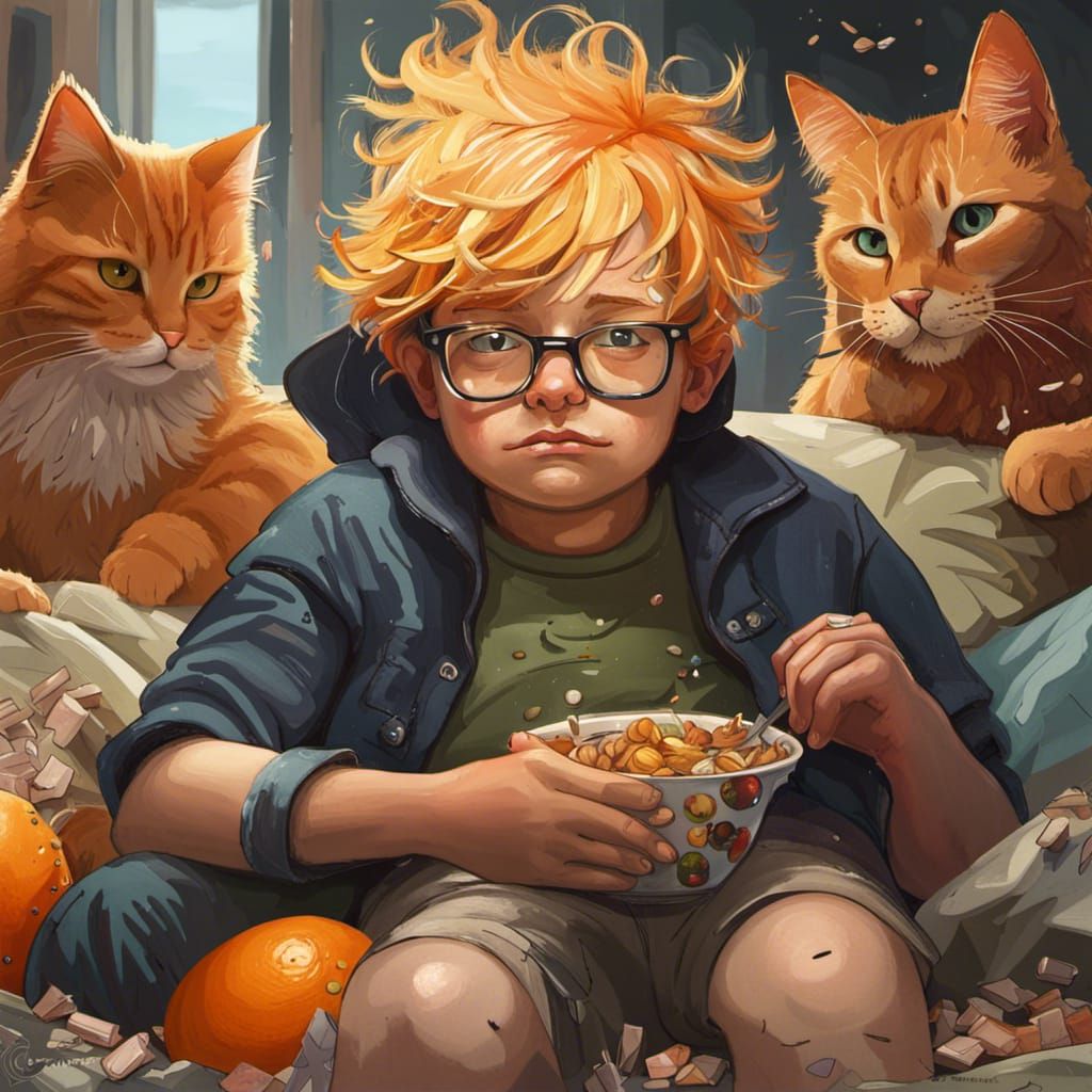 Hyperrealistic Homeless Boy with Cat in Detailed Scene