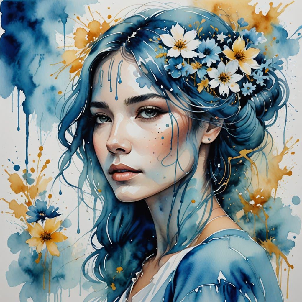 Create an abstract portrait of a woman with dripping paint, merging with a bright splash of watercolor. Her profile shou...