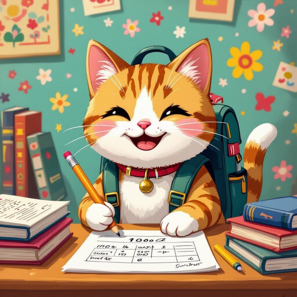 Smiling Cat Student in Pop Surrealist Style
