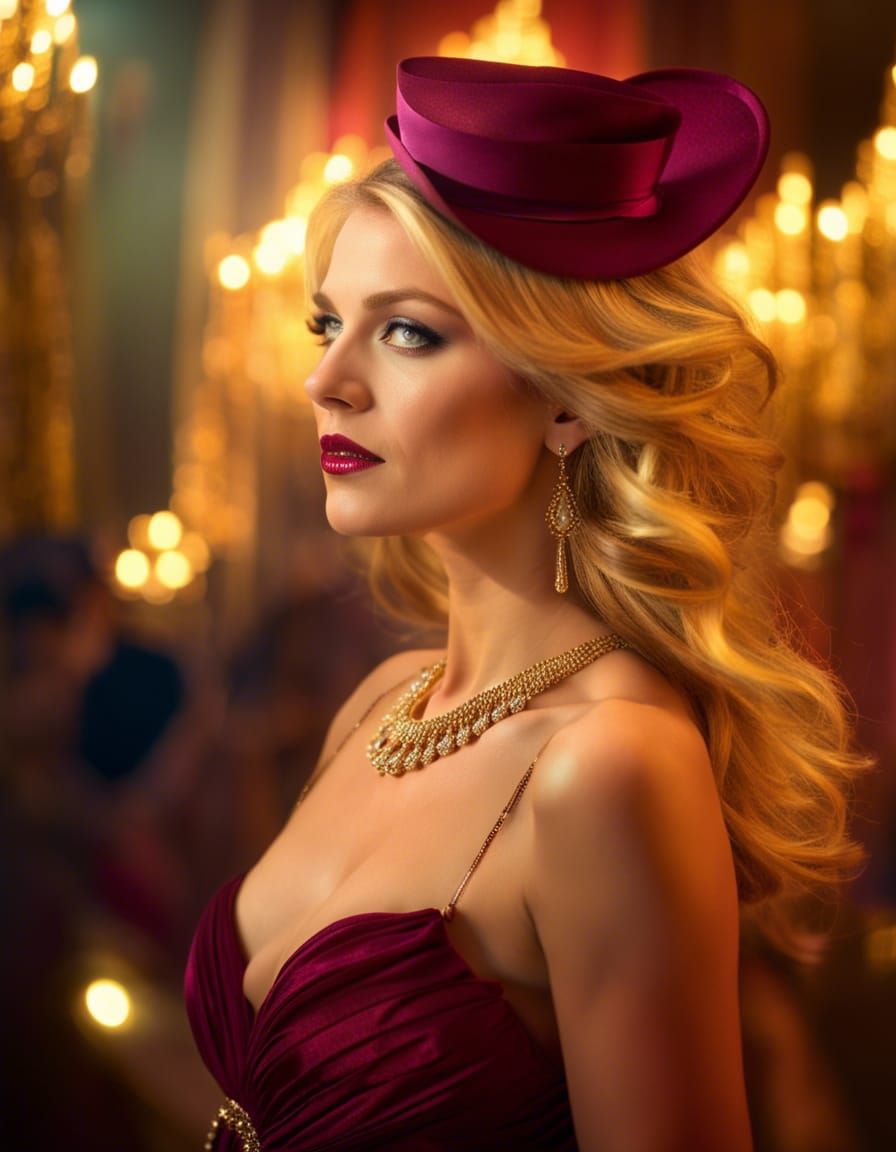 Woman in Burgundy Dress with Gold Dust Background