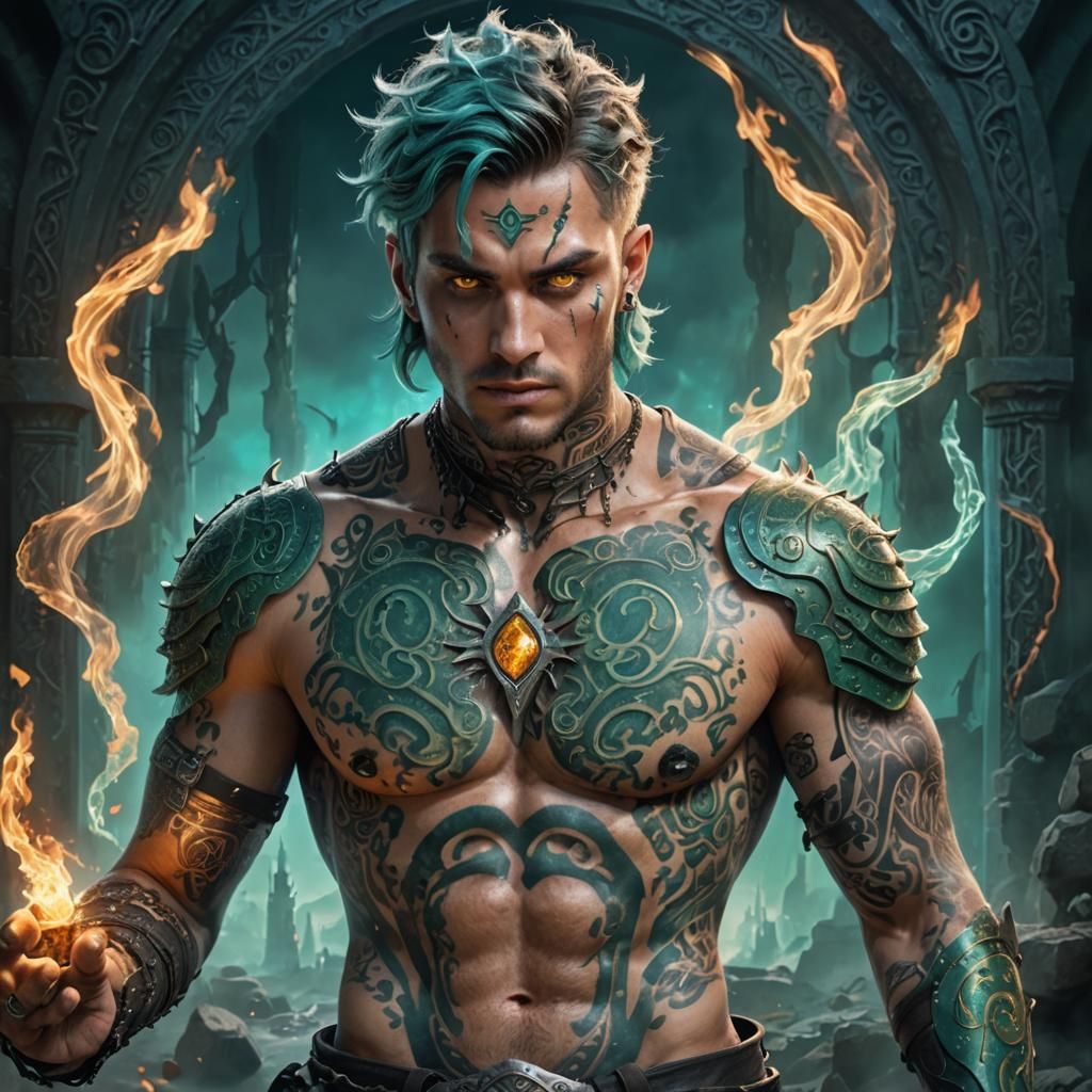 Mystical Cyberpunk Warrior with Glowing Runes