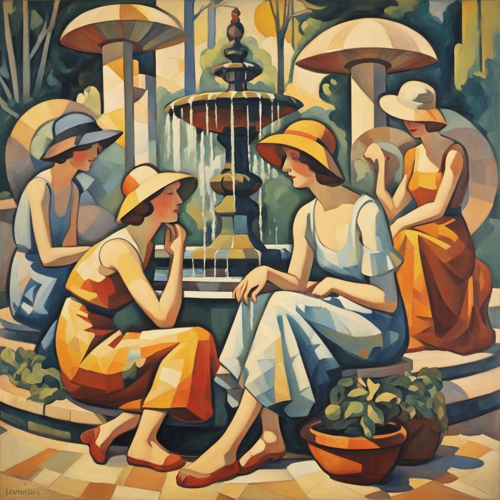 Cubist Women at Fountain in Fauvist Colors