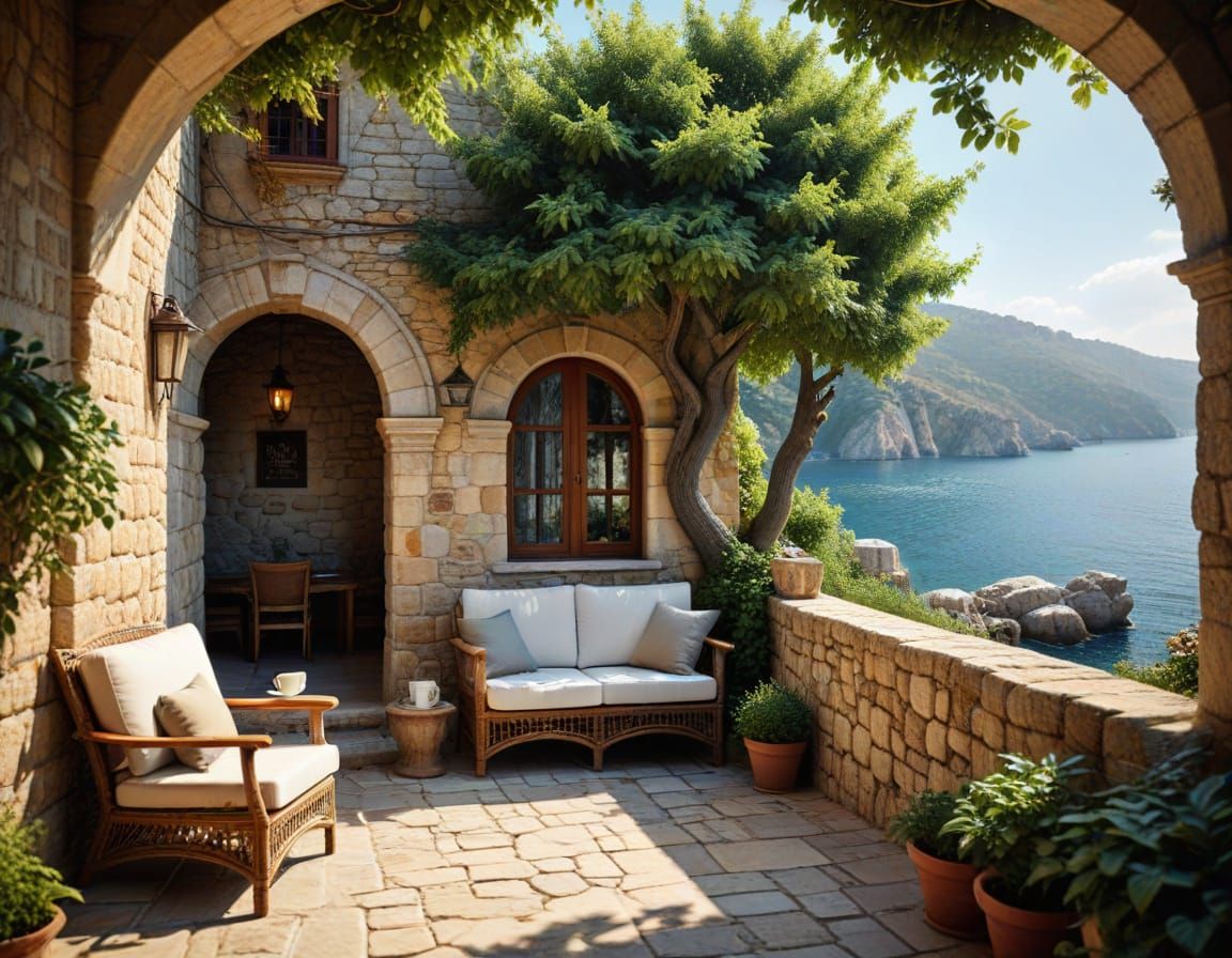 Serene Balkan Patio Scene in Hyper-Realistic Digital Art