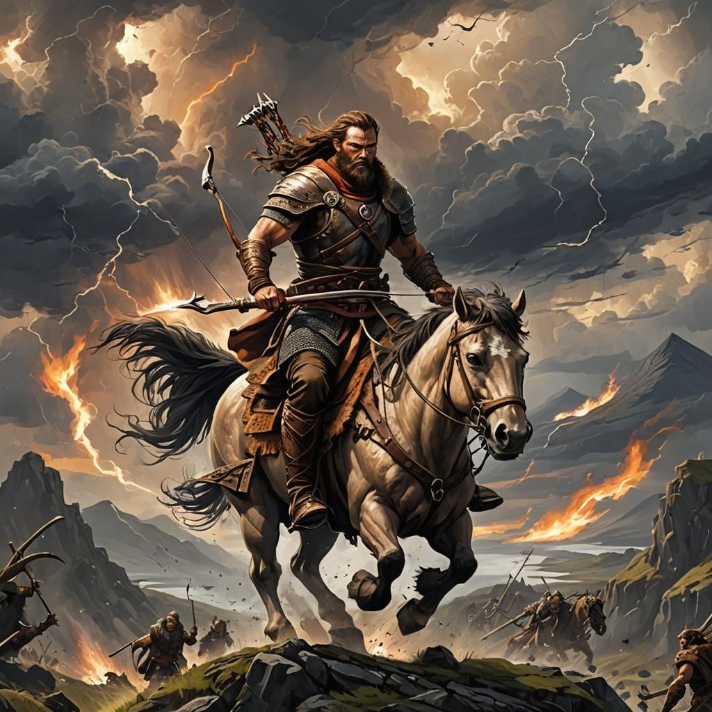 Fierce Barbarian in Scotland Amidst Fiery Storm