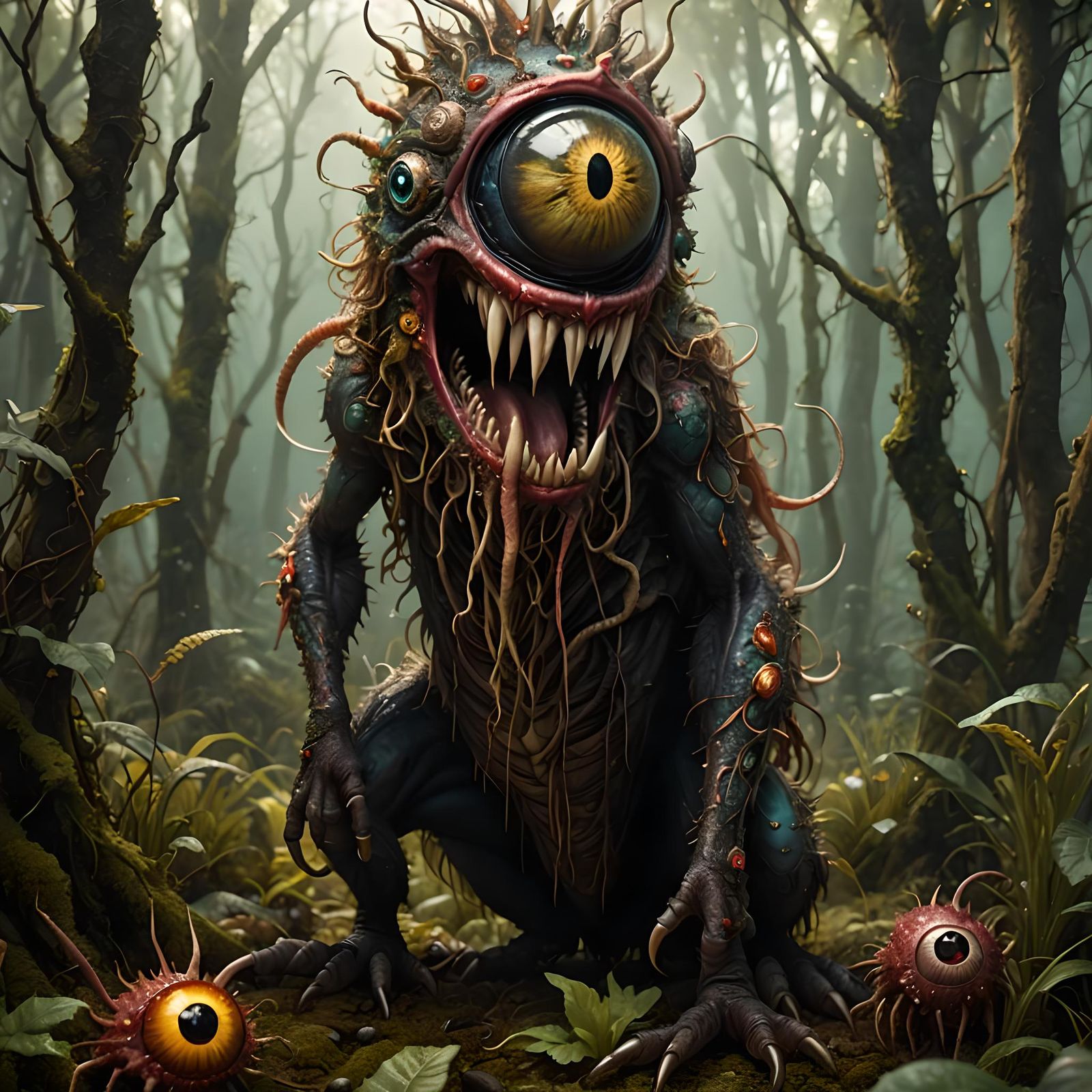Hairy Eyeball Creature Eating a Worm: Fantasy Art