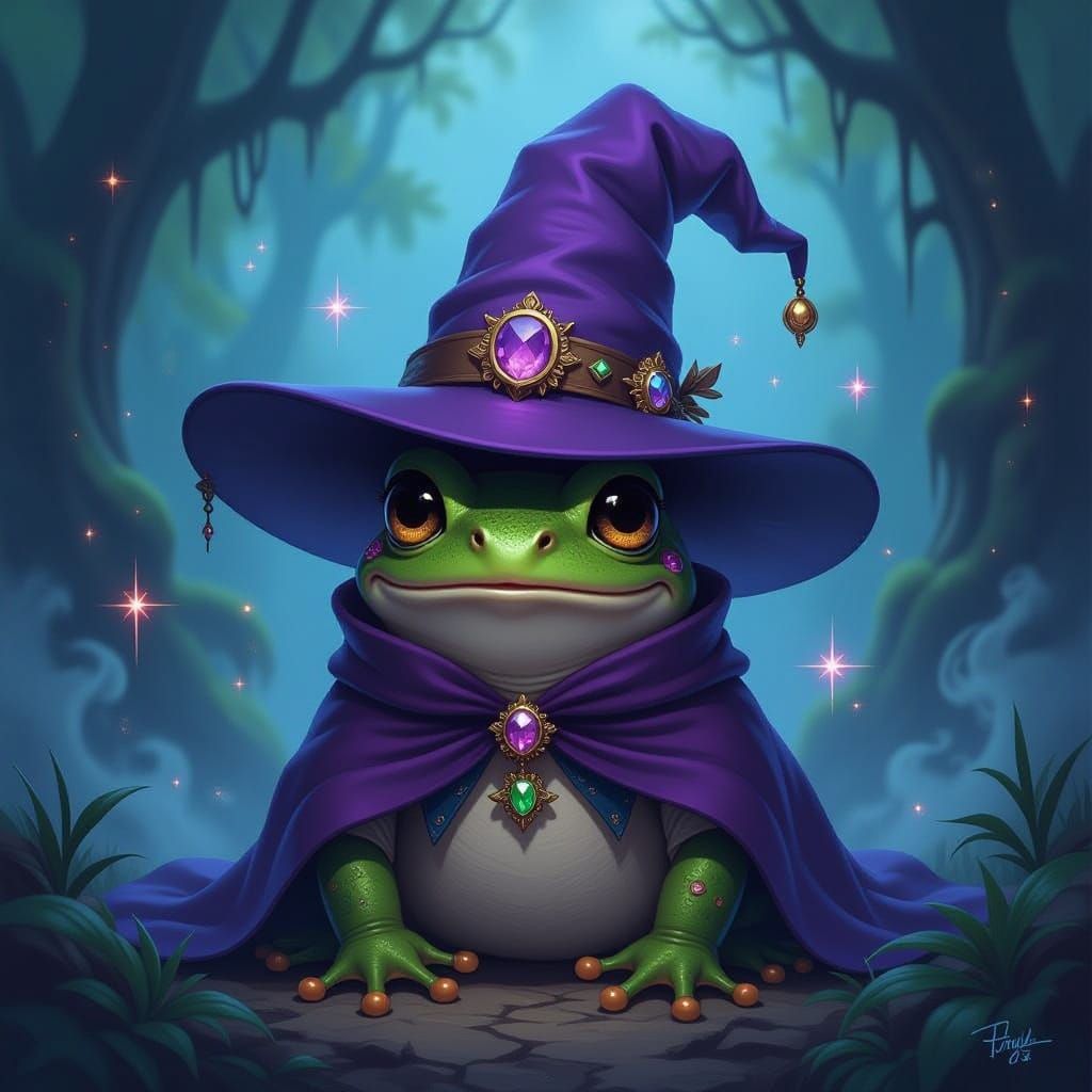A cute little magical wizard frog. He has a huge purple wizard hat..sparkles and fog surround him, painting, dark fantas...