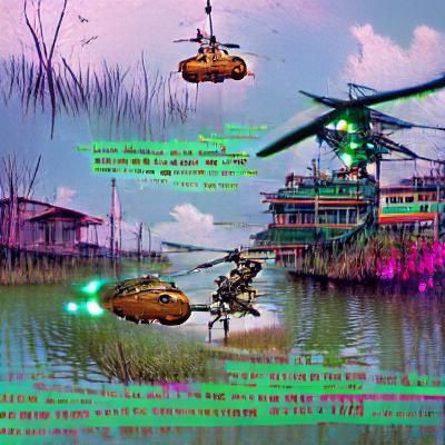 Cyberpunk Vietnam War Scene with Helicopters and Robots