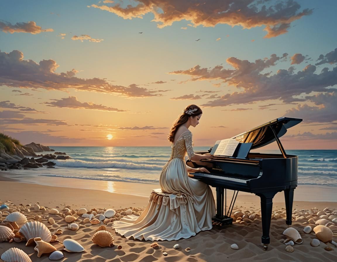 Sunset Blending Into Lady and Piano: Watercolor Art