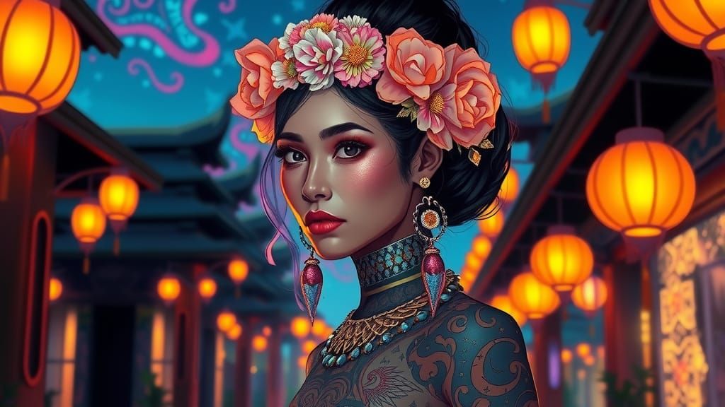 Surreal Cyberpunk Goddess Guardians Bali's Neon Temple