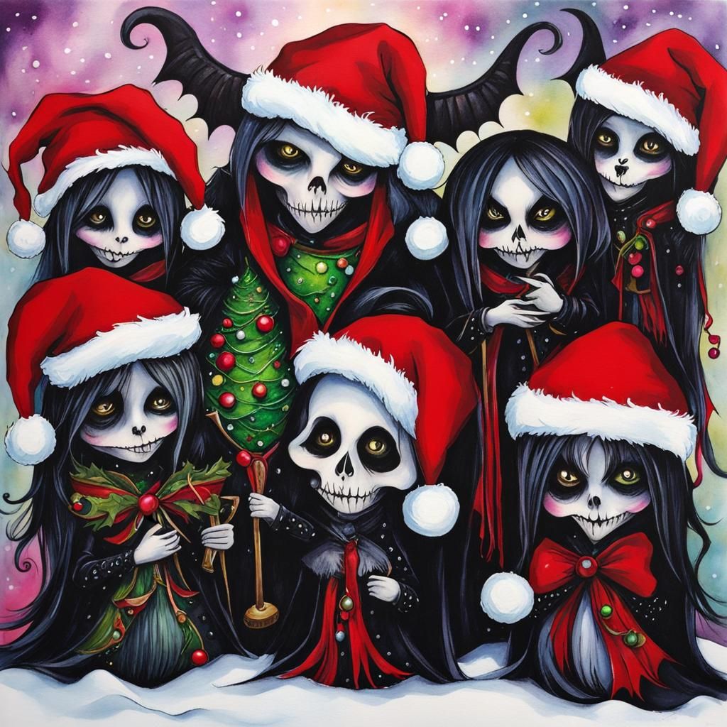 Whimsical Christmas Demons in Alcohol Ink Style