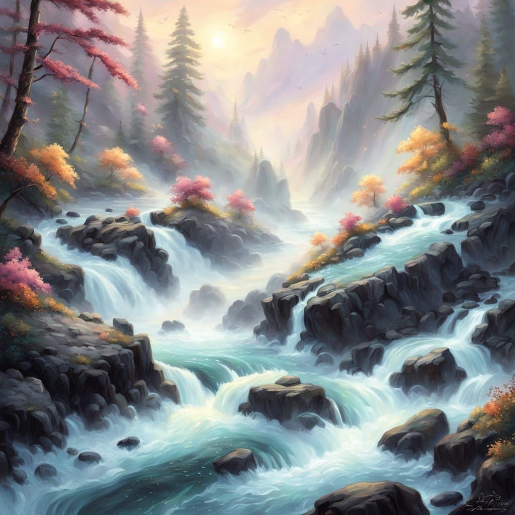 Whimsical Salmon Trouts in Golden Rapids