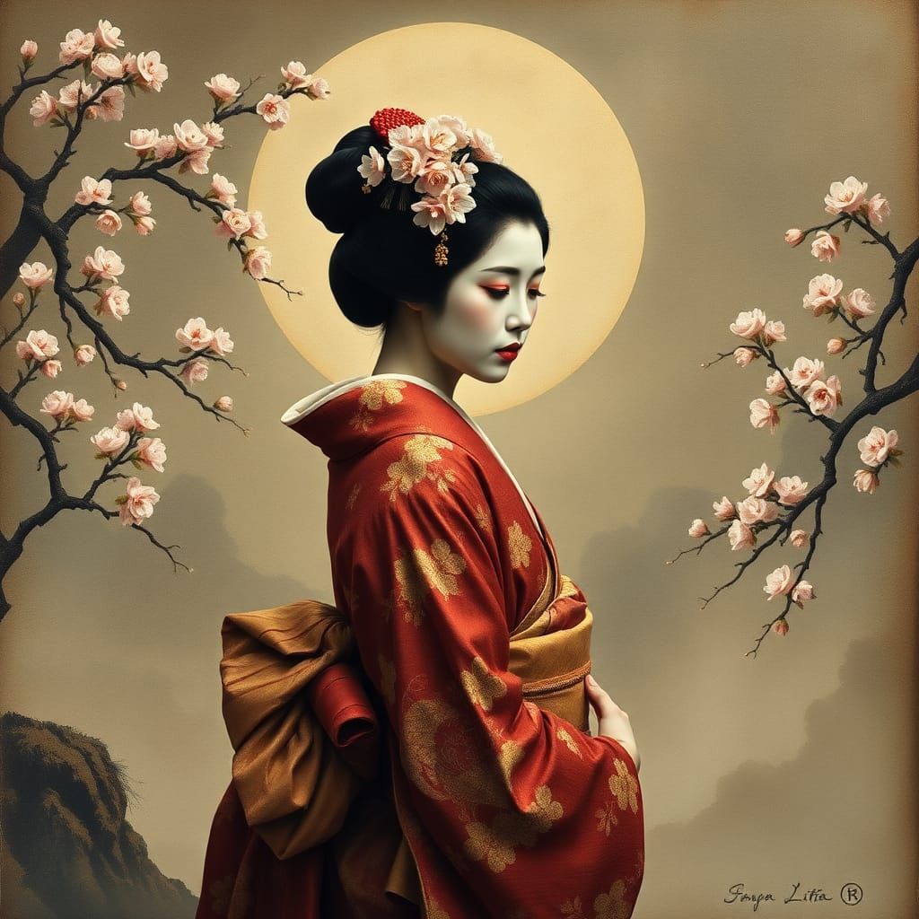 Surreal Geisha in Dreamlike Japanese Landscape