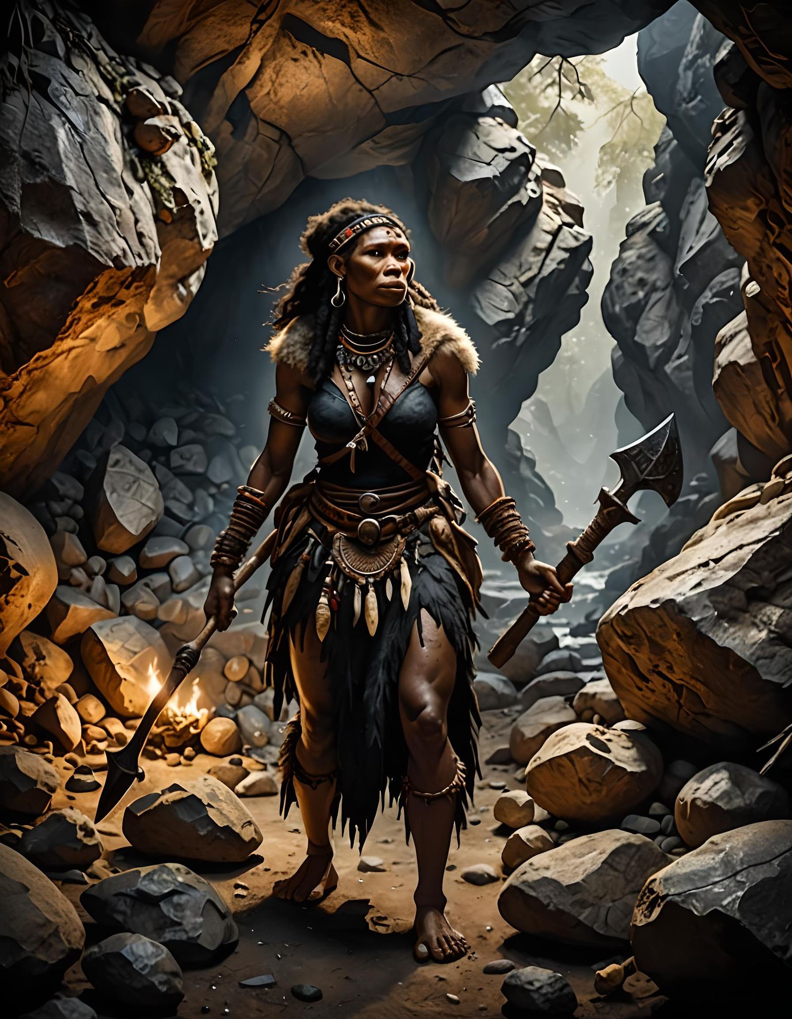 A black neanderthal woman wearing animal skin clothes hunting in an ancient cave with her stone weapons and talismans.