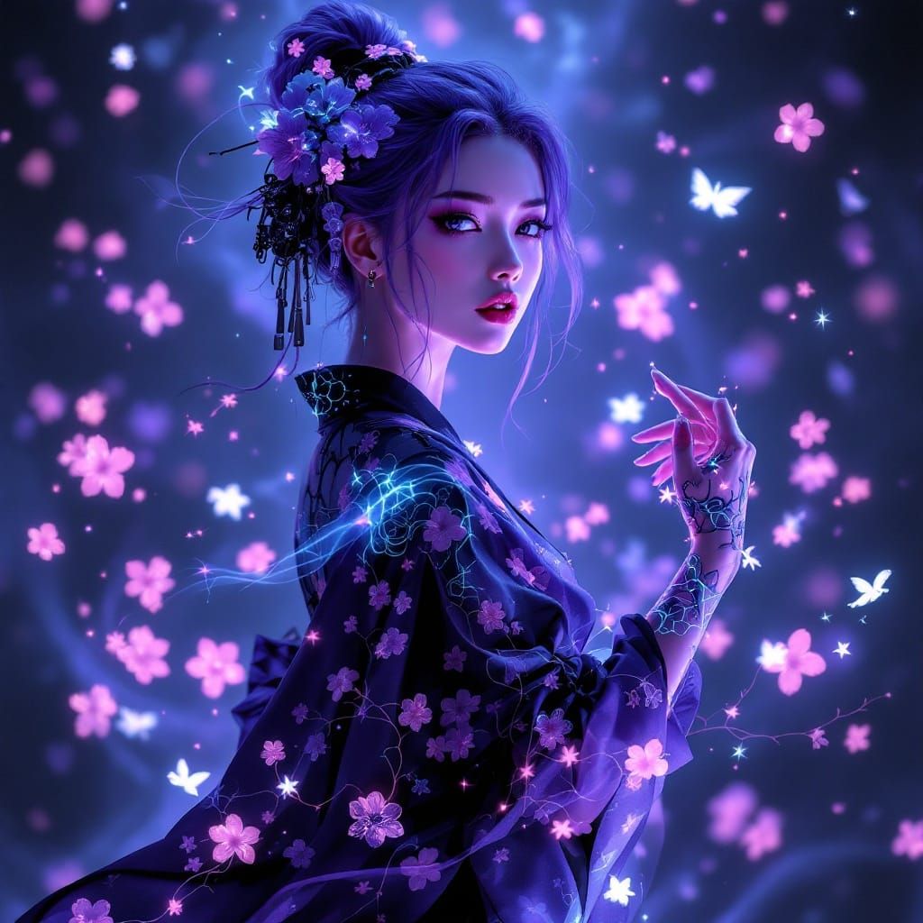 Goddess in Cyberpunk Kimono with Bioluminescent Trails and C...