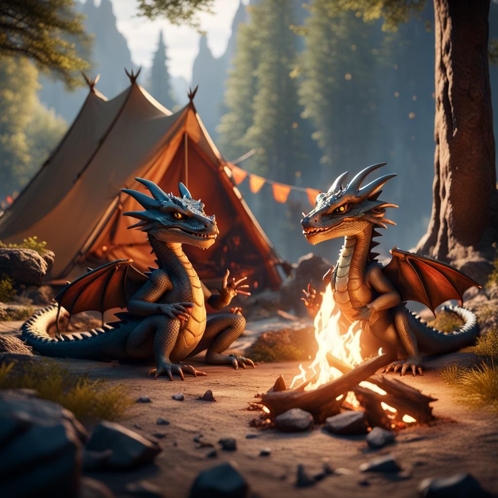 Dragons Enjoying Campsite in 3D Game Style
