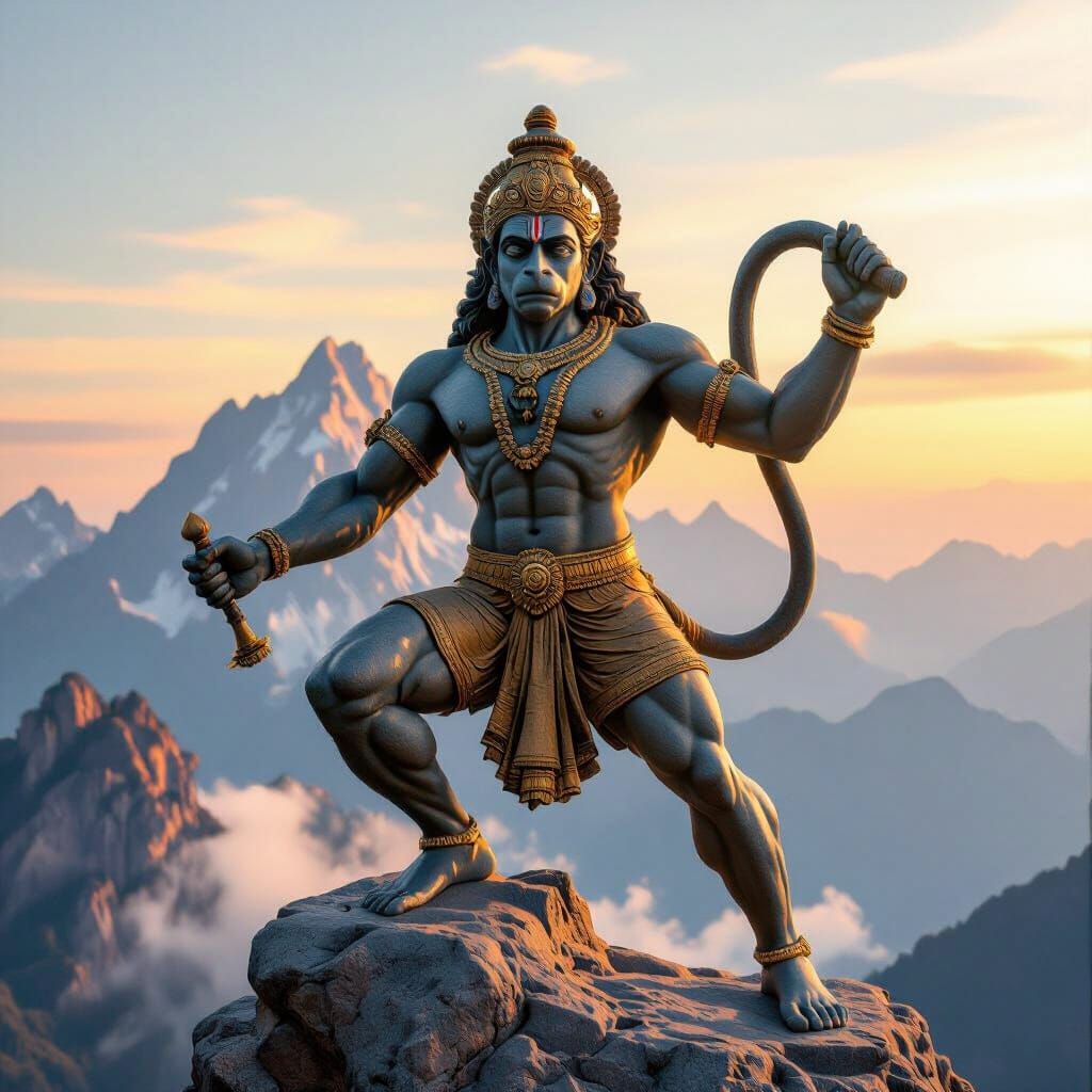 Epic Stone Statue of Lord Hanuman at Sunrise