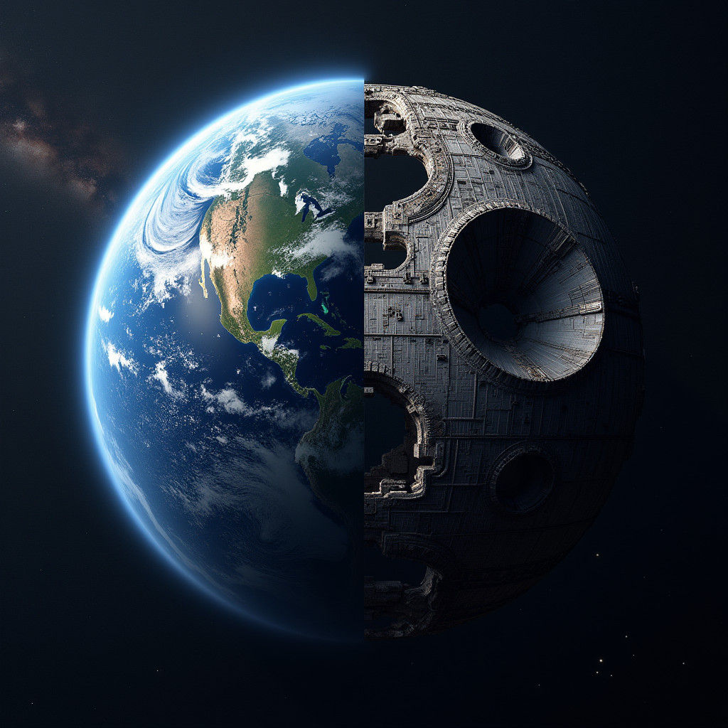 Earth and Death Star in Space: Photorealistic Macro