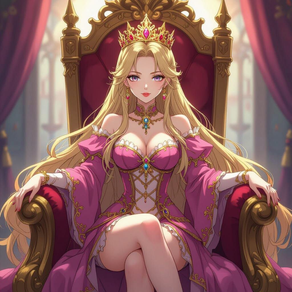 Anime Concubine Queen on Throne in Pink and Gold