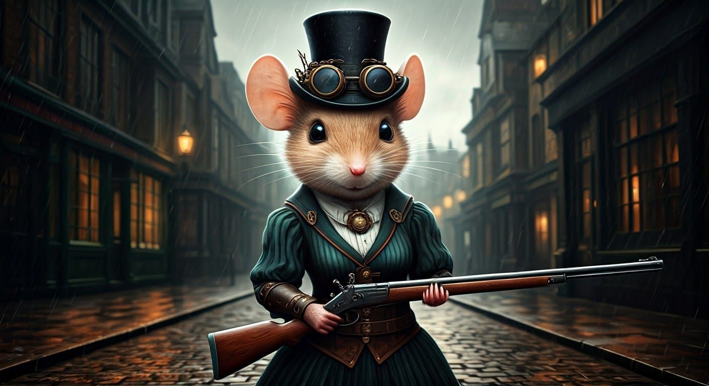 Steampunk Mouse in Victorian Street, 3D Render