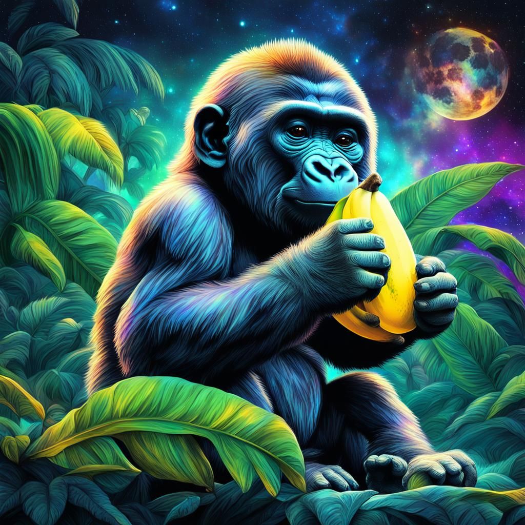 Baby Gorilla Enjoys Banana: Cosmic Illustration