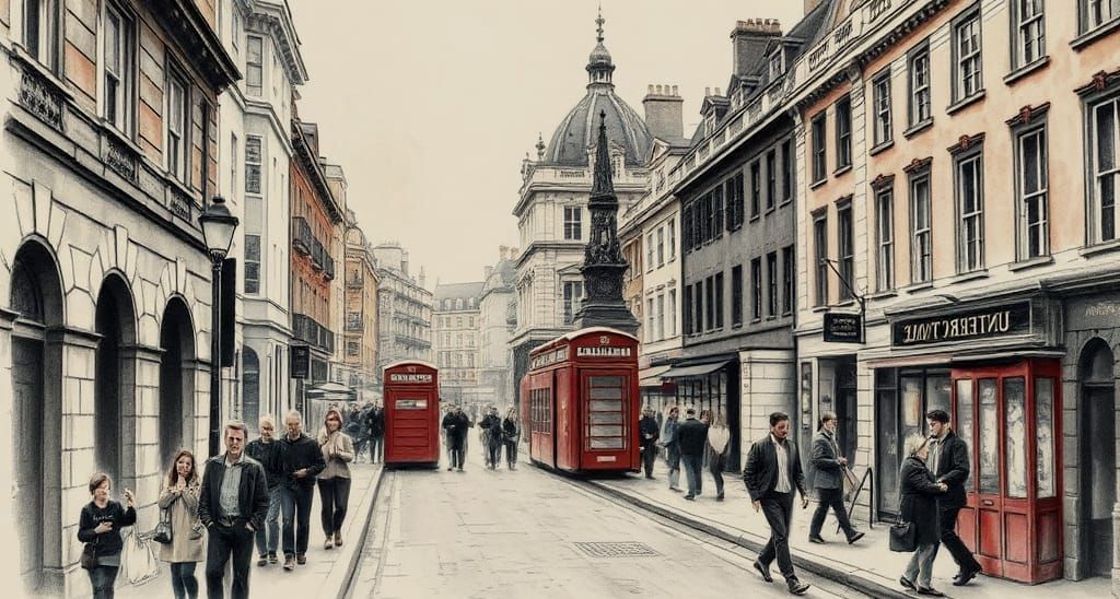Detailed Watercolour Charcoal Drawing of Old London