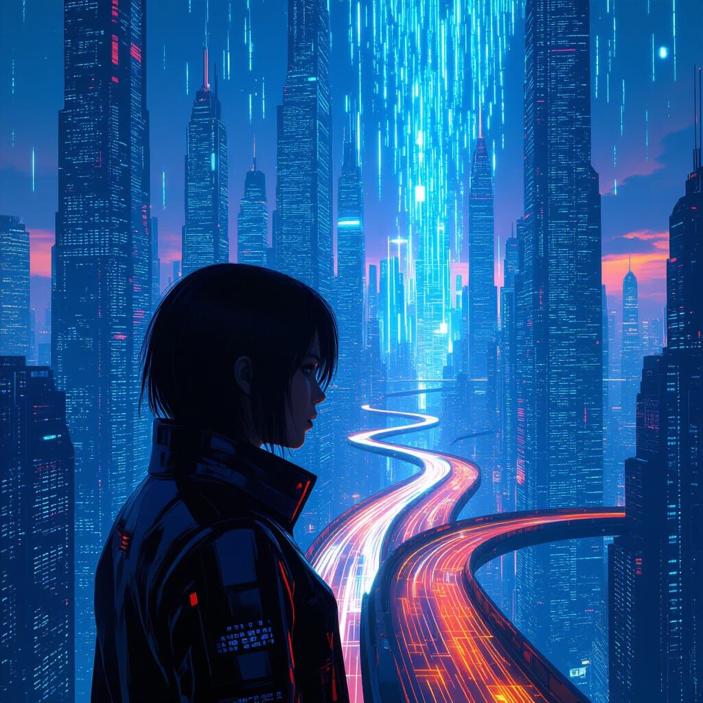 Futuristic City of Binary Energy and Holograms