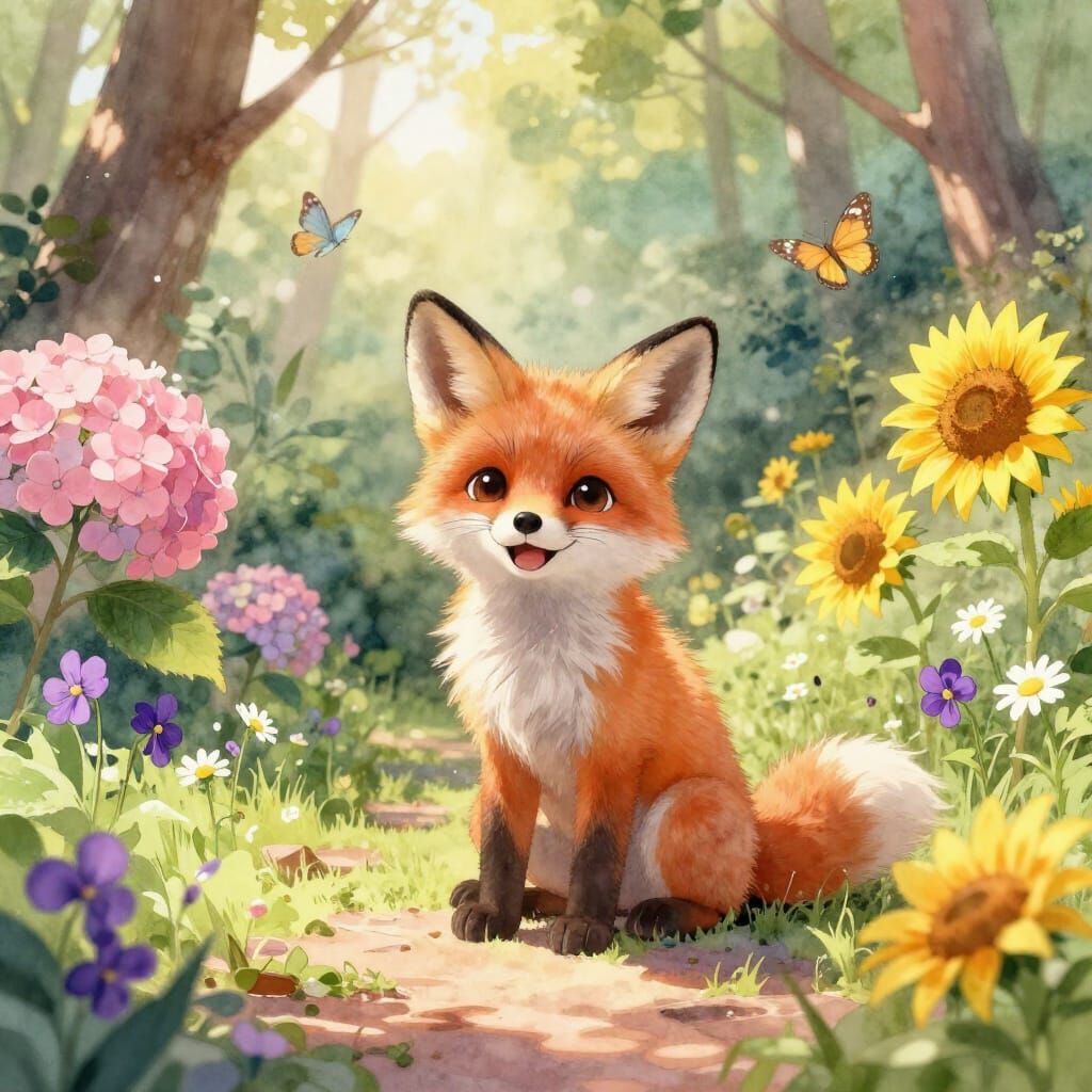 Adorable Fox Pup in a Magical Woodland Garden