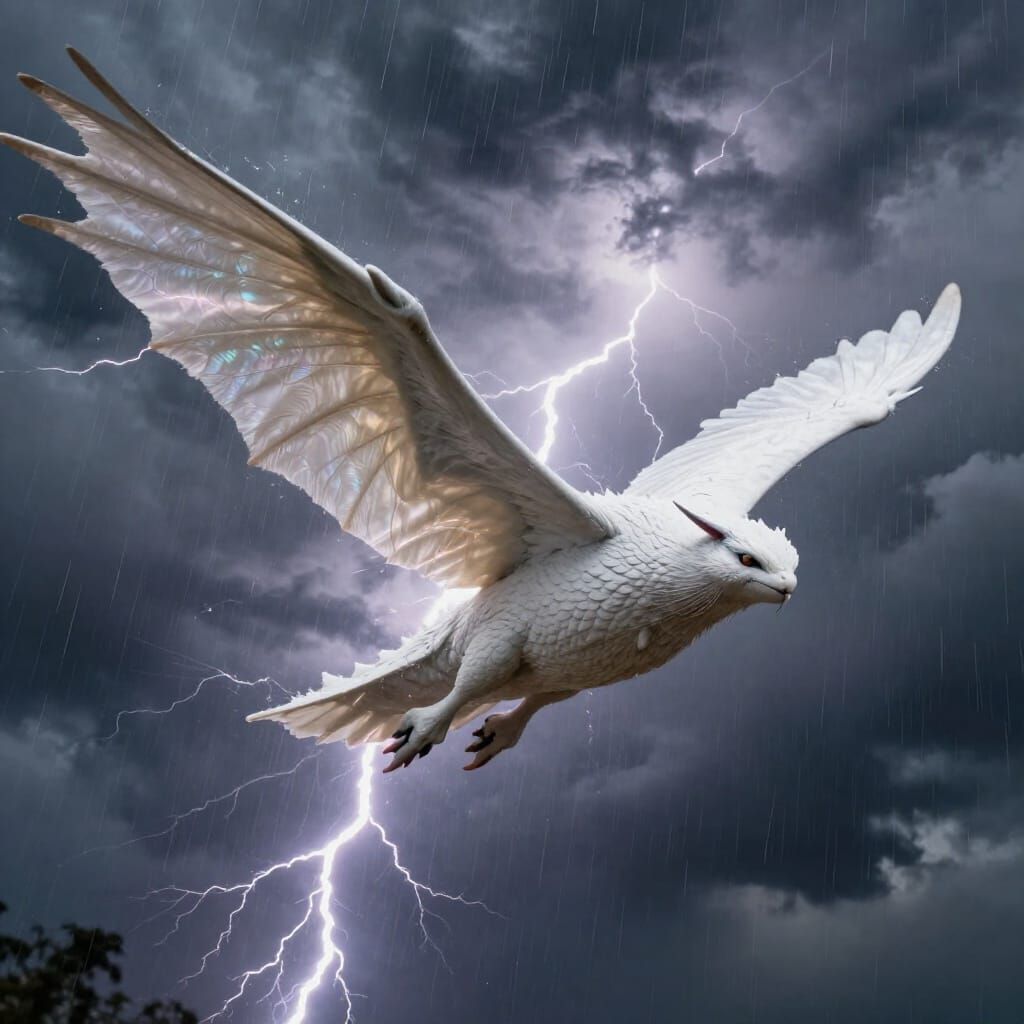 Mothra Soars Through Stormy Sky with Lightning Strikes