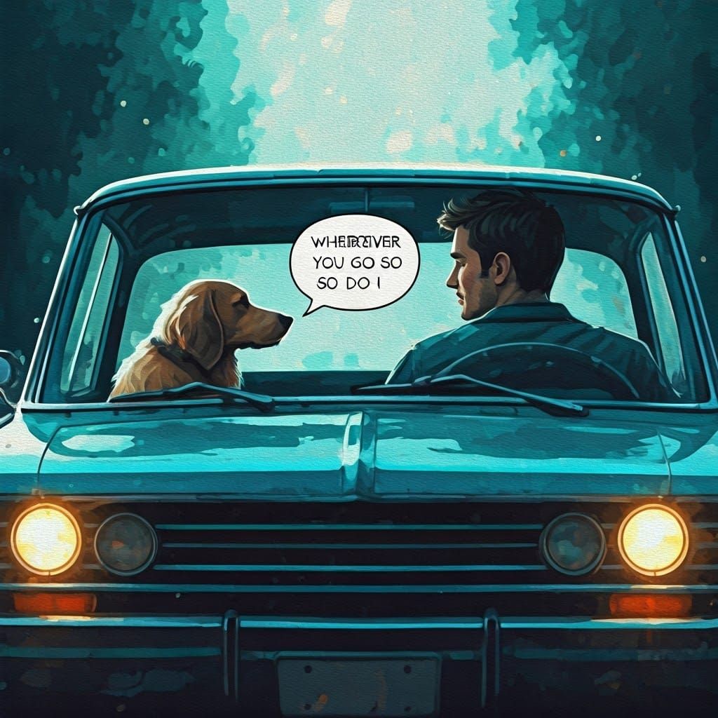 Man and Dog in Vintage Car: Impressionist Gouache