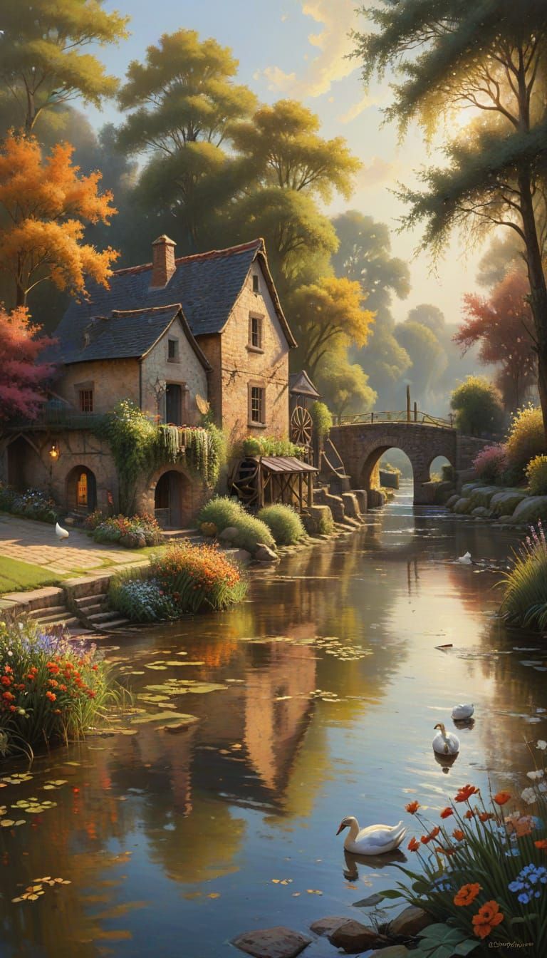 Serene Watermill Scene in Impressionist Style